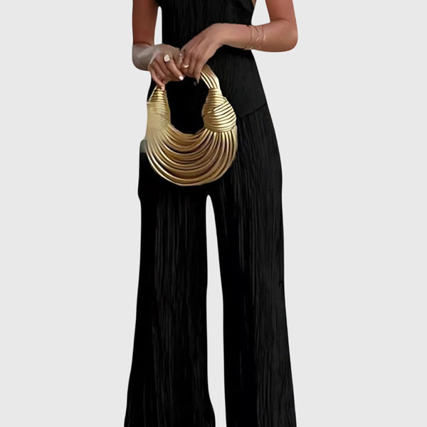 סט פילריקה אלגנטי עם טופ אסימטרי ומכנסיים זורמים