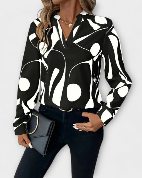 חולצת שרוול ארוך V-צורת אלגנטית עם דוגמה גיאומטרית