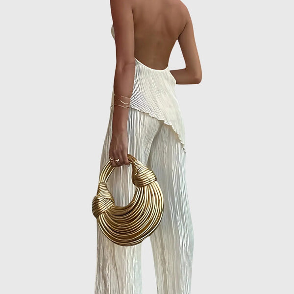 סט פילריקה אלגנטי עם טופ אסימטרי ומכנסיים זורמים