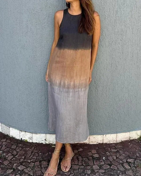 Melisa - שמלת כותנה ופשתן עם צווארון עגול