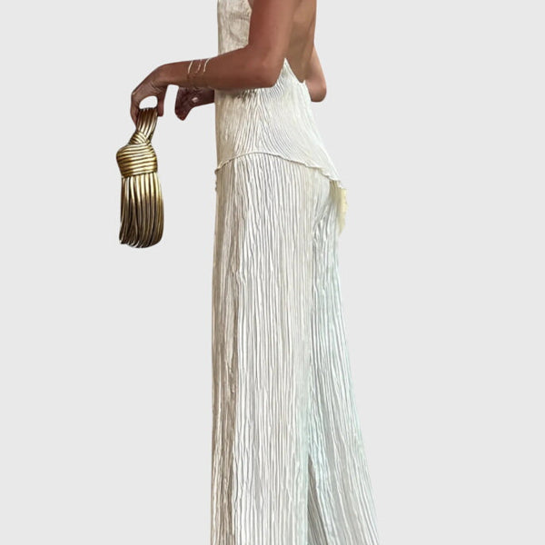 סט פילריקה אלגנטי עם טופ אסימטרי ומכנסיים זורמים