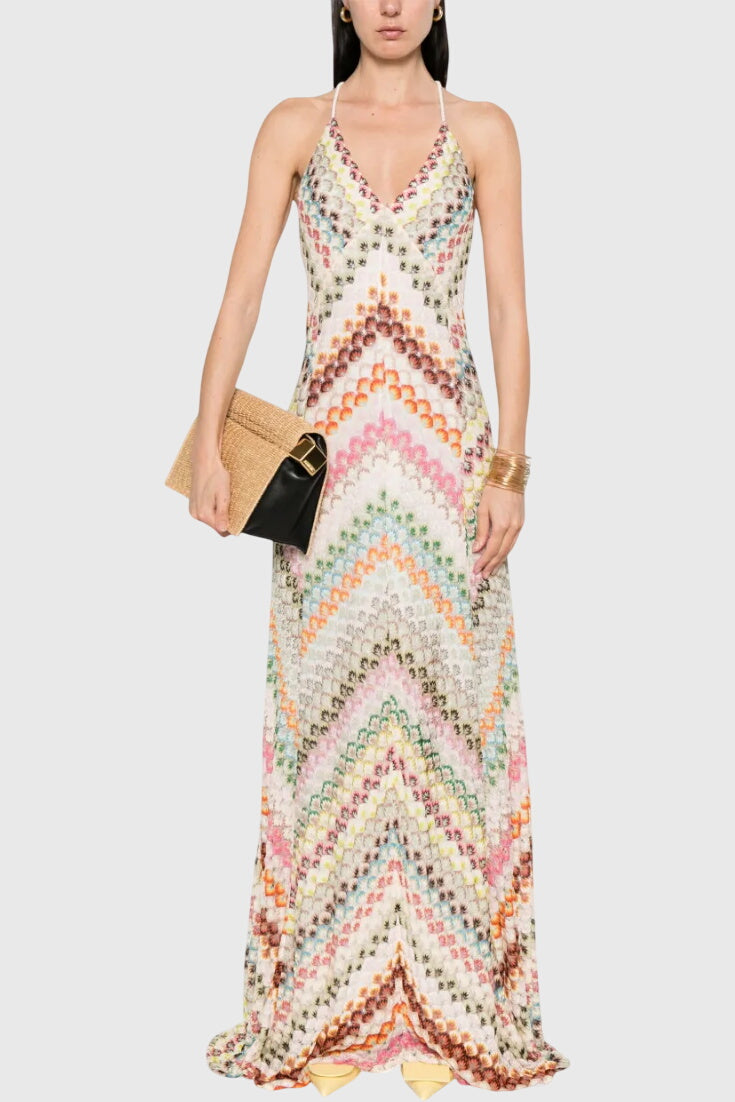 שמלת אגוסטינה ארוכה עם תחרה וסקוט V ודוגמת זיגזג