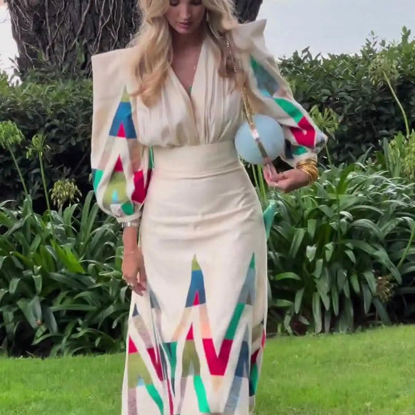 Eleni - סט דו-חלקי עם צווארון V מודפס