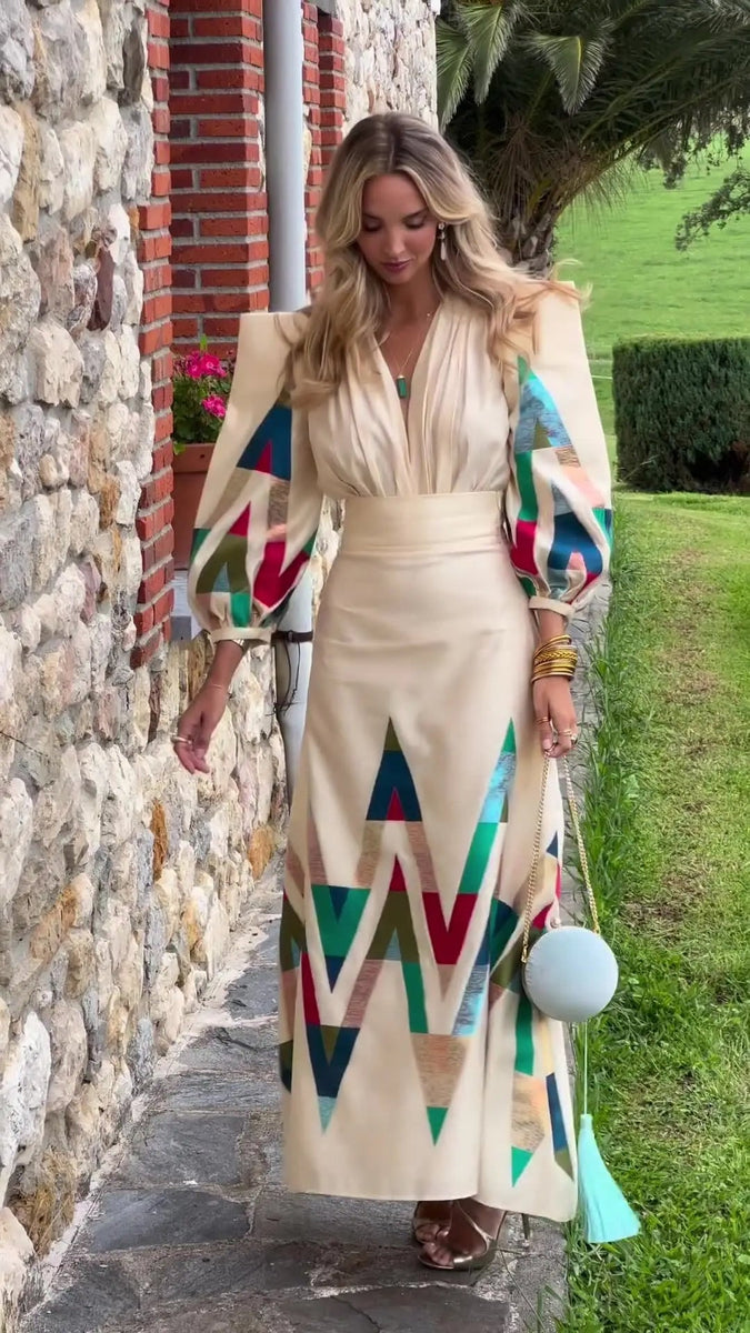 Eleni - סט דו-חלקי עם צווארון V מודפס