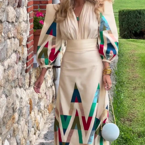 Eleni - סט דו-חלקי עם צווארון V מודפס