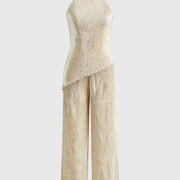 סט פילריקה אלגנטי עם טופ אסימטרי ומכנסיים זורמים