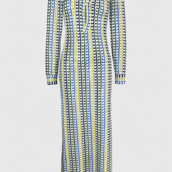 שמלות כריסנטה ארוכות מודפסות עם גלים רב-צבעוניים ושרוולים ארוכים