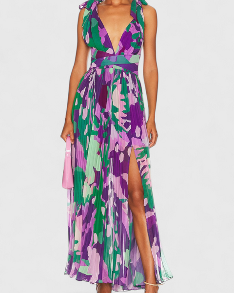 סמלת ססיל ארוכה מקופלת עם הדפס אקוורלי וגב פתוח