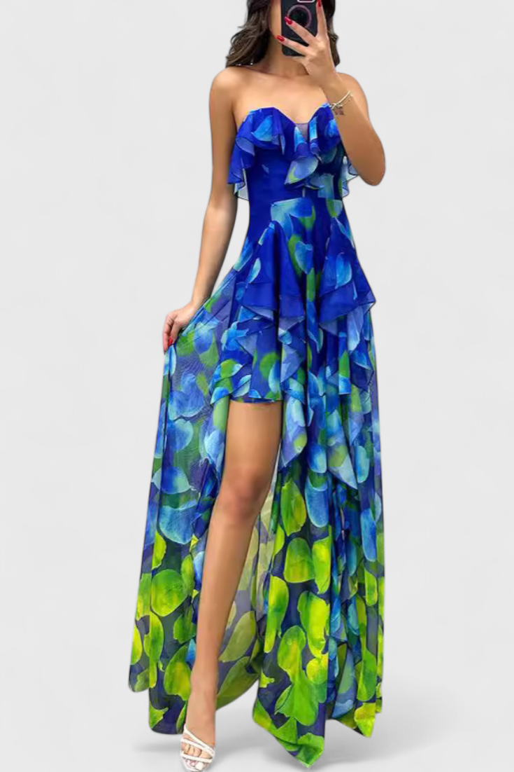 אנסי שמלת מקסי ללא שרוולים עם שכבות רפפות ופתיחה מדורגת