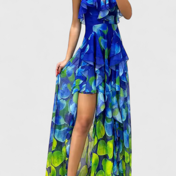 אנסי שמלת מקסי ללא שרוולים עם שכבות רפפות ופתיחה מדורגת