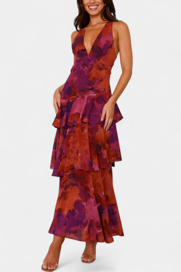 דומניקה שמלת גזה עם מחשוף V ושכבות זורמות