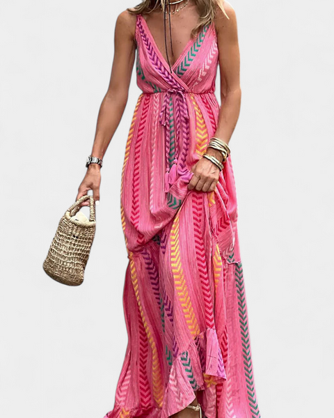 שמלת אסונסיון ארוכה ורודה עם פסים צבעוניים