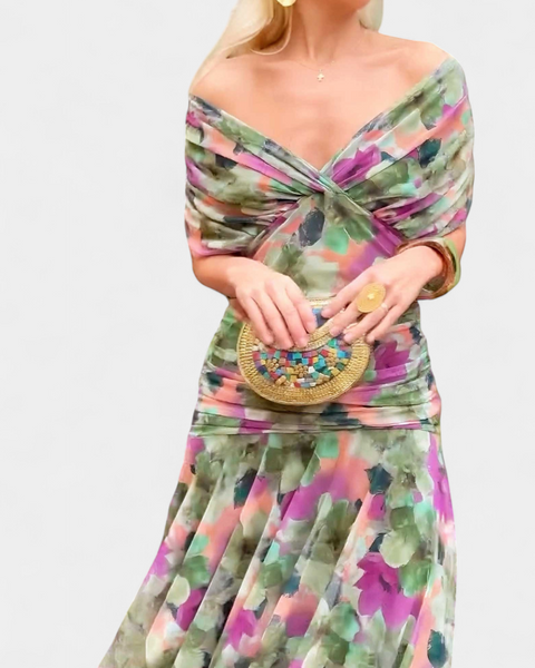 אלונדרה שמלה ארוכה עם הדפס פרחוני פנטזיה וצווארון בצורת V
