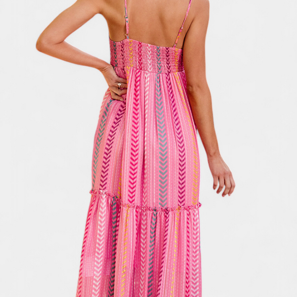 שמלת אסונסיון ארוכה ורודה עם פסים צבעוניים