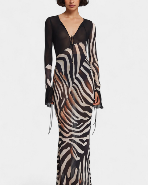 שמלת טייסיה ארוכה עם הדפס חיות וחשיפה עמוקה