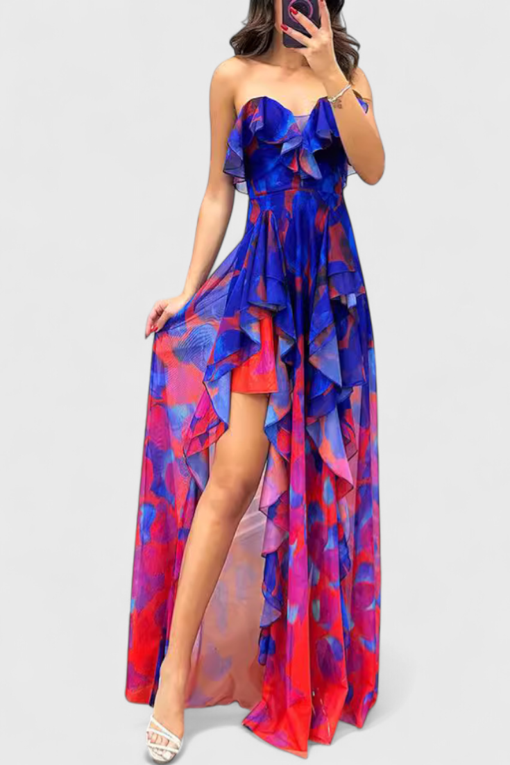 אנסי שמלת מקסי ללא שרוולים עם שכבות רפפות ופתיחה מדורגת