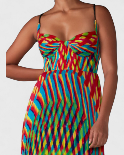 ג'ניס שמלת מקסי עם הדפס אמנותי וחשיפת חזה בסגנון הלטר