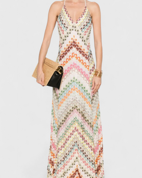 אגוסטינה שמלת תחרה ארוכה עם מחשוף V ודוגמת זיגזג