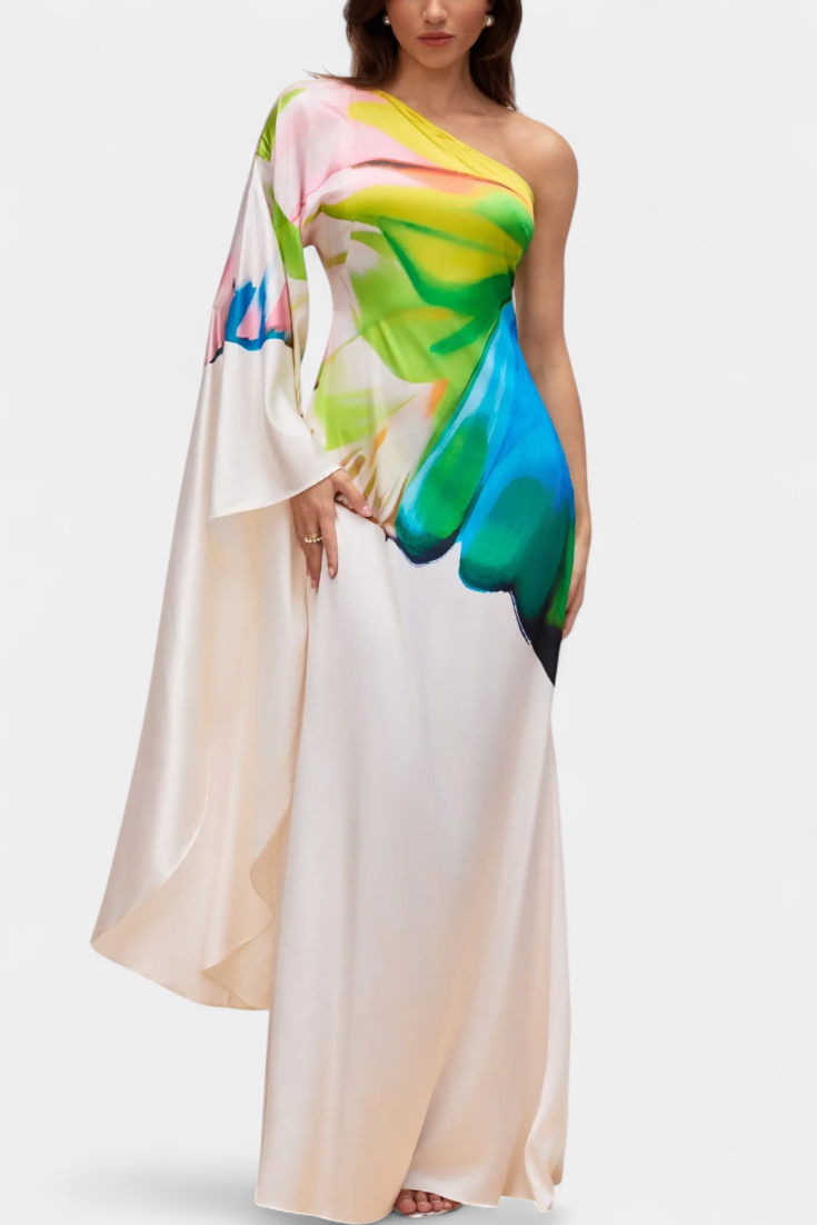 שמלות בראיל באורך אסימטרי עם שרוול אחד ודוגמא