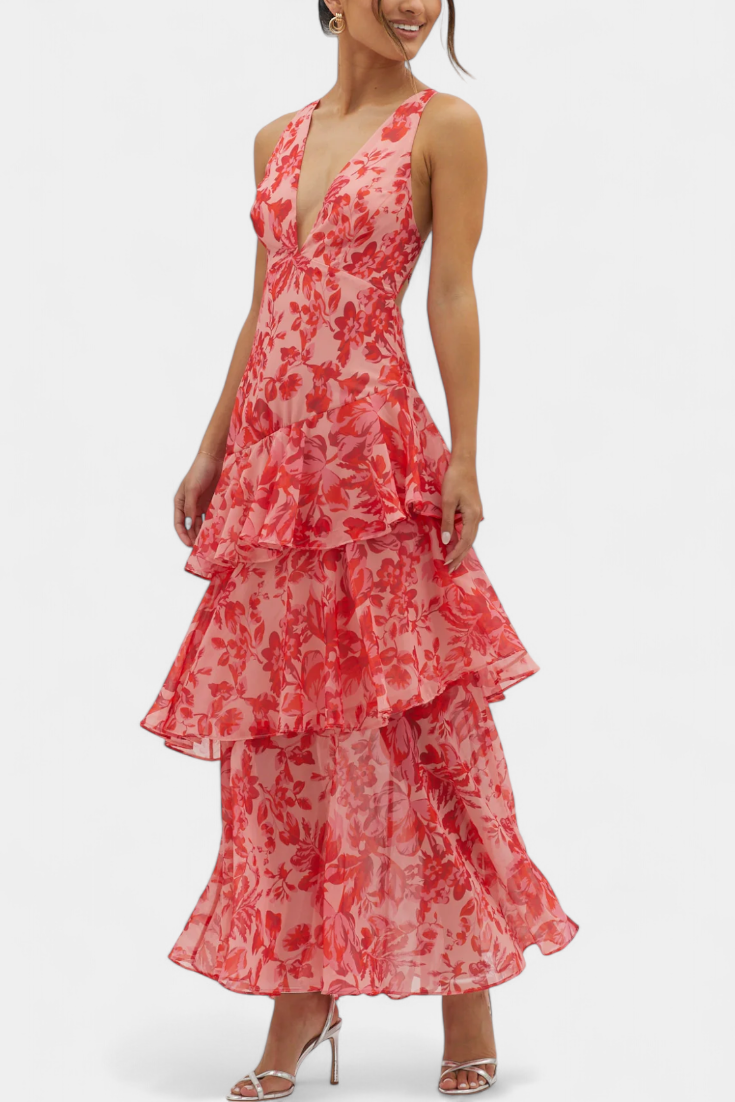 דומניקה שמלת גזה עם מחשוף V ושכבות זורמות