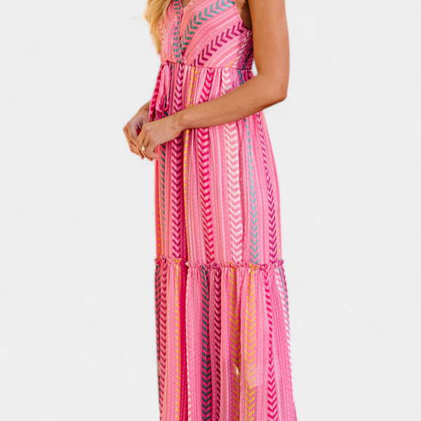 שמלת אסונסיון ארוכה ורודה עם פסים צבעוניים