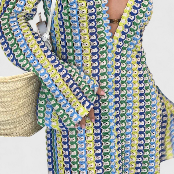 שמלות כריסנטה ארוכות מודפסות עם גלים רב-צבעוניים ושרוולים ארוכים