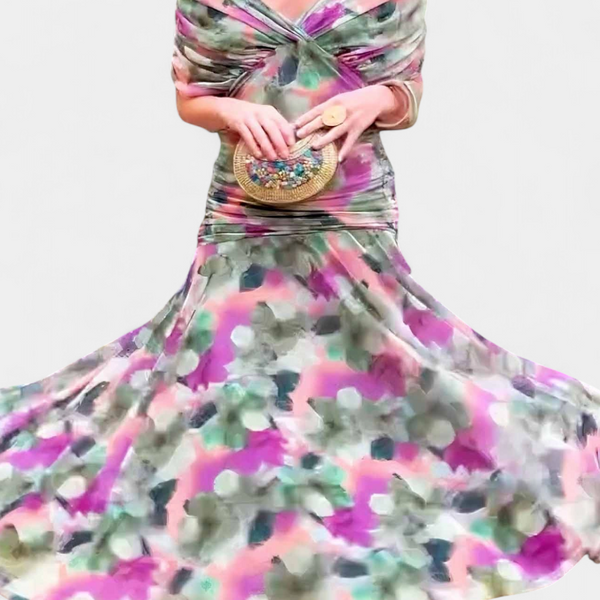 אלונדרה שמלה ארוכה עם הדפס פרחוני פנטזיה וצווארון בצורת V