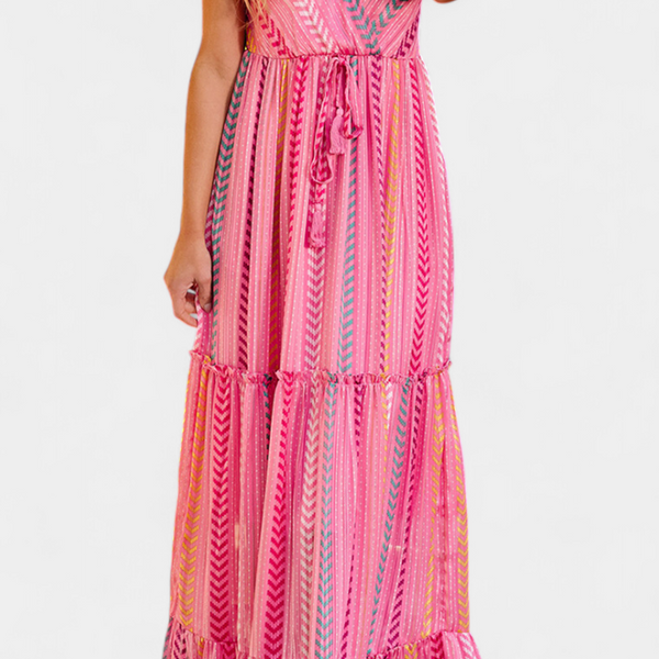 שמלת אסונסיון ארוכה ורודה עם פסים צבעוניים