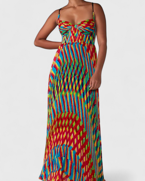 ג'ניס שמלת מקסי עם הדפס אמנותי וחשיפת חזה בסגנון הלטר