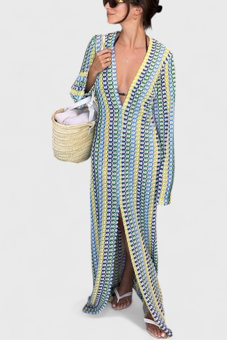 שמלות כריסנטה ארוכות מודפסות עם גלים רב-צבעוניים ושרוולים ארוכים