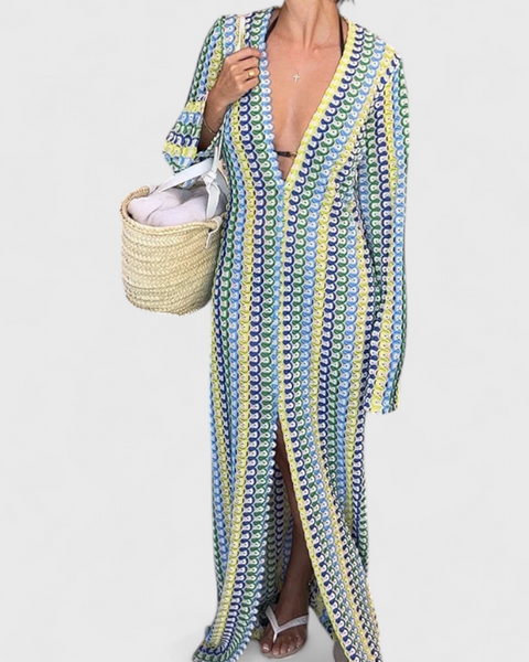 שמלות כריסנטה ארוכות מודפסות עם גלים רב-צבעוניים ושרוולים ארוכים