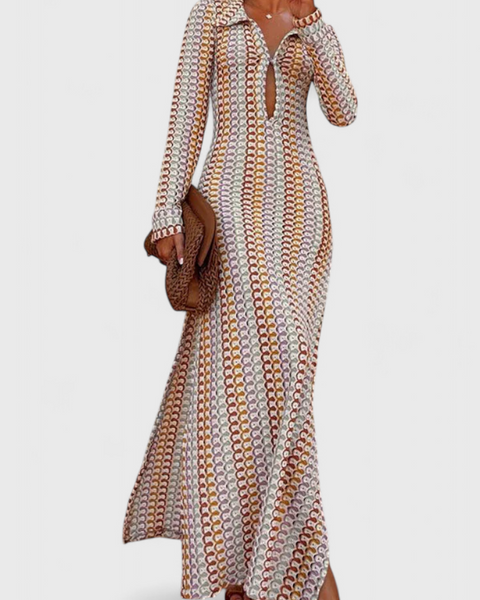 שמלות כריסנטה ארוכות מודפסות עם גלים רב-צבעוניים ושרוולים ארוכים