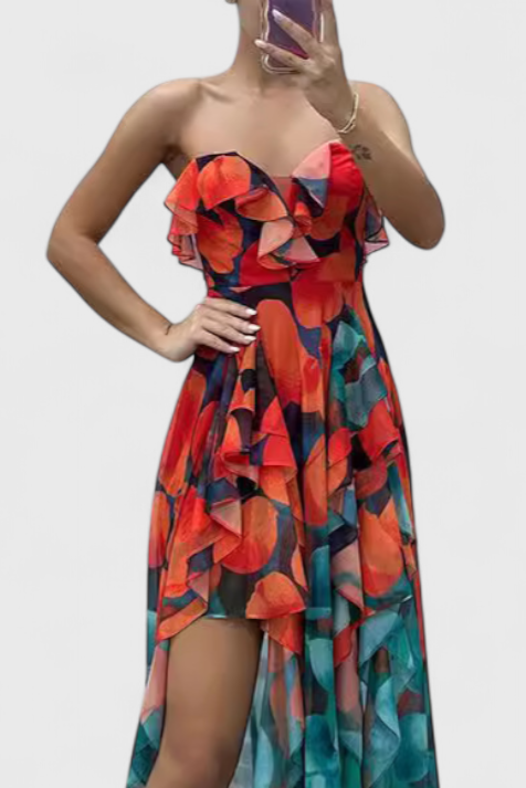 אנסי שמלת מקסי ללא שרוולים עם שכבות רפפות ופתיחה מדורגת