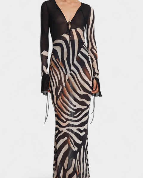 שמלת טייסיה ארוכה עם הדפס חיות וחשיפה עמוקה