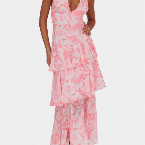 דומניקה שמלת גזה עם מחשוף V ושכבות זורמות