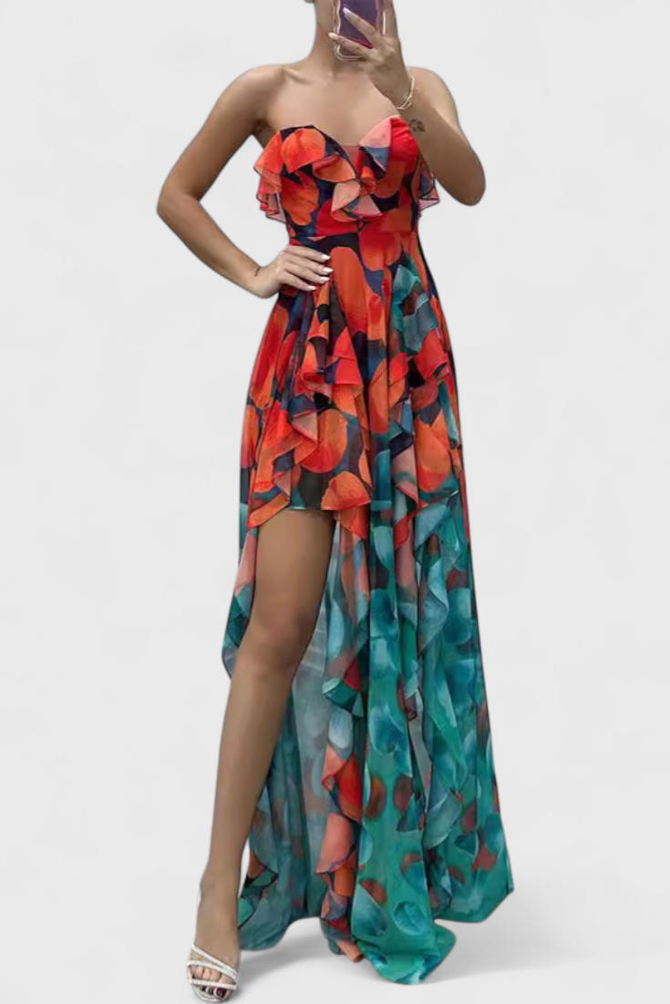 אנסי שמלת מקסי ללא שרוולים עם שכבות רפפות ופתיחה מדורגת