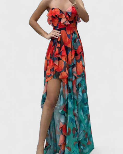 אנסי שמלת מקסי ללא שרוולים עם שכבות רפפות ופתיחה מדורגת