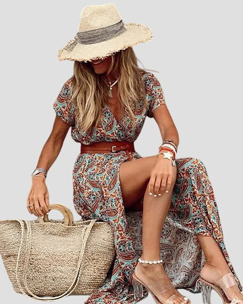 אניסה | שמלת בוהו ארוכה עם מותן מקופלת