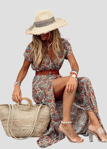 אניסה | שמלת בוהו ארוכה עם מותן מקופלת