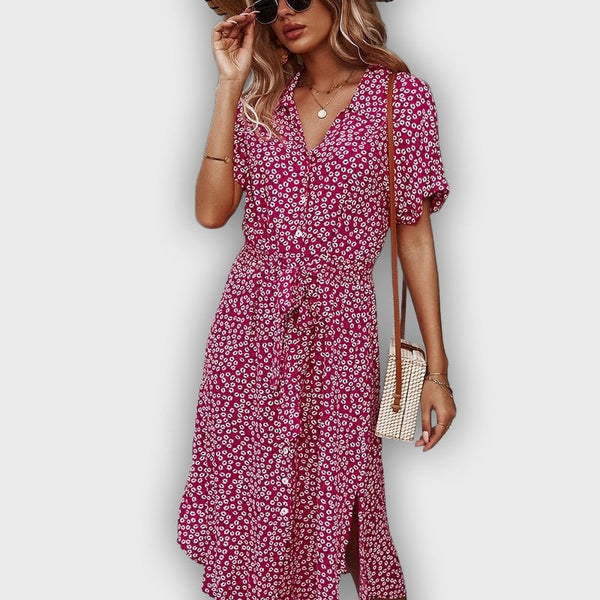 שמלת קיץ מידי קז'ואל עם מותן מתכווננת ועיצוב פרחים