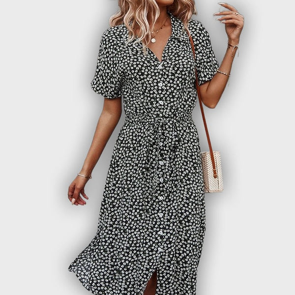 שמלת קיץ מידי קז'ואל עם מותן מתכווננת ועיצוב פרחים