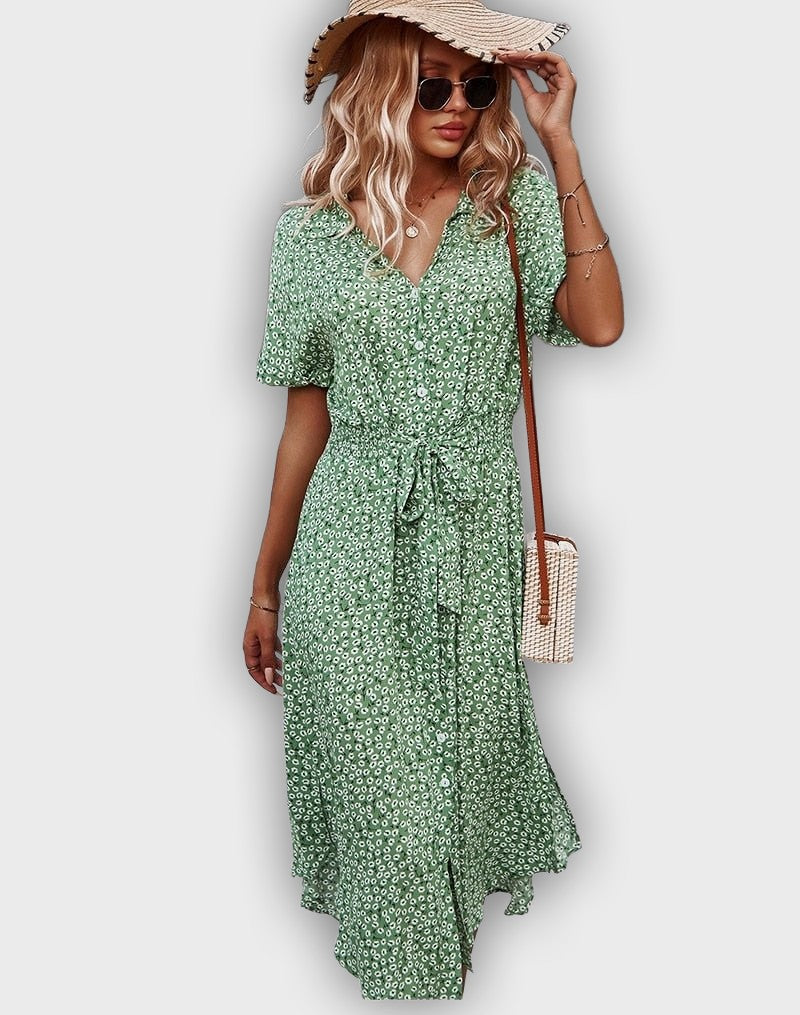 שמלת קיץ מידי קז'ואל עם מותן מתכווננת ועיצוב פרחים