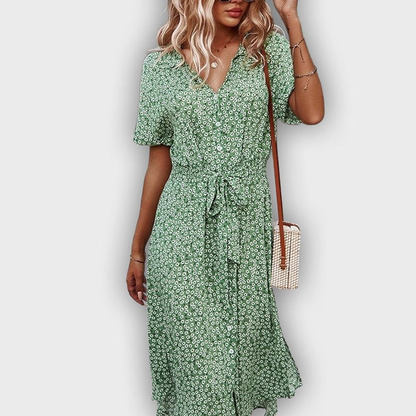 שמלת קיץ מידי קז'ואל עם מותן מתכווננת ועיצוב פרחים