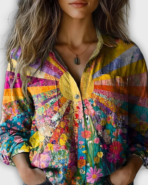 חולצת בלוז Glow Solsika עם הדפס פצ'וורק וצבעי שמש