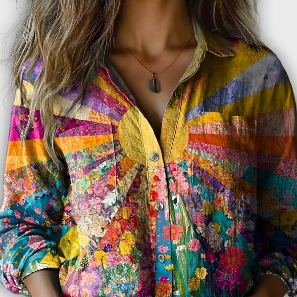 חולצת בלוז Glow Solsika עם הדפס פצ'וורק וצבעי שמש