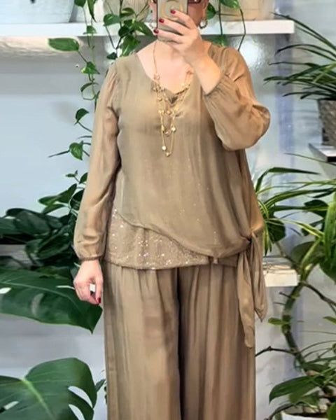 Quirinia - סט חולצת פייטים ומכנסיים ברוחב רגליים