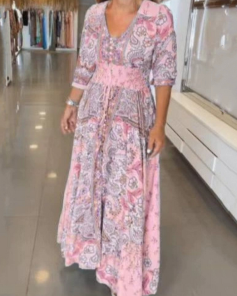 Aliye - שמלת מקסי ארוכה עם הדפס פרחוני אלגנטי וקשירה במותן