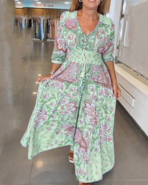 Aliye - שמלת מקסי ארוכה עם הדפס פרחוני אלגנטי וקשירה במותן