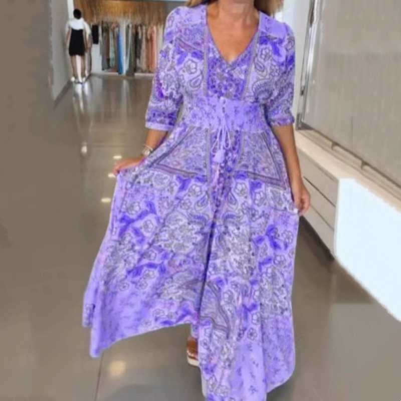 Aliye - שמלת מקסי ארוכה עם הדפס פרחוני אלגנטי וקשירה במותן