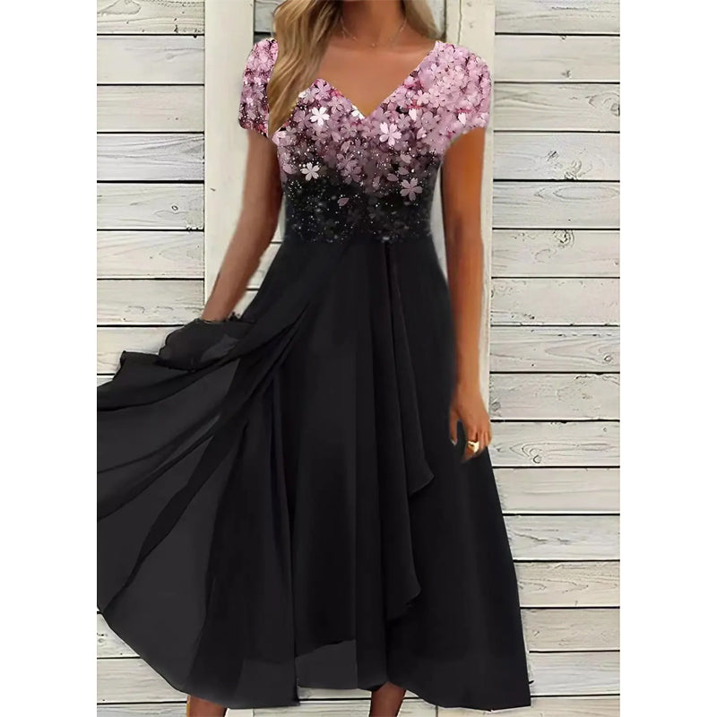 Doina - שמלת V צוואר מסוגננת עם הדפס